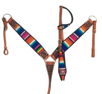 Showman One Ear Headstall & Breast collar set with wool southwest blanket inlay